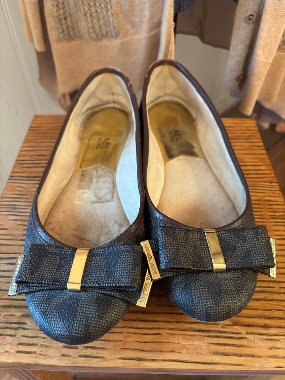 Michael Kors Black Textured Leather Bow Flats with Gold Trim